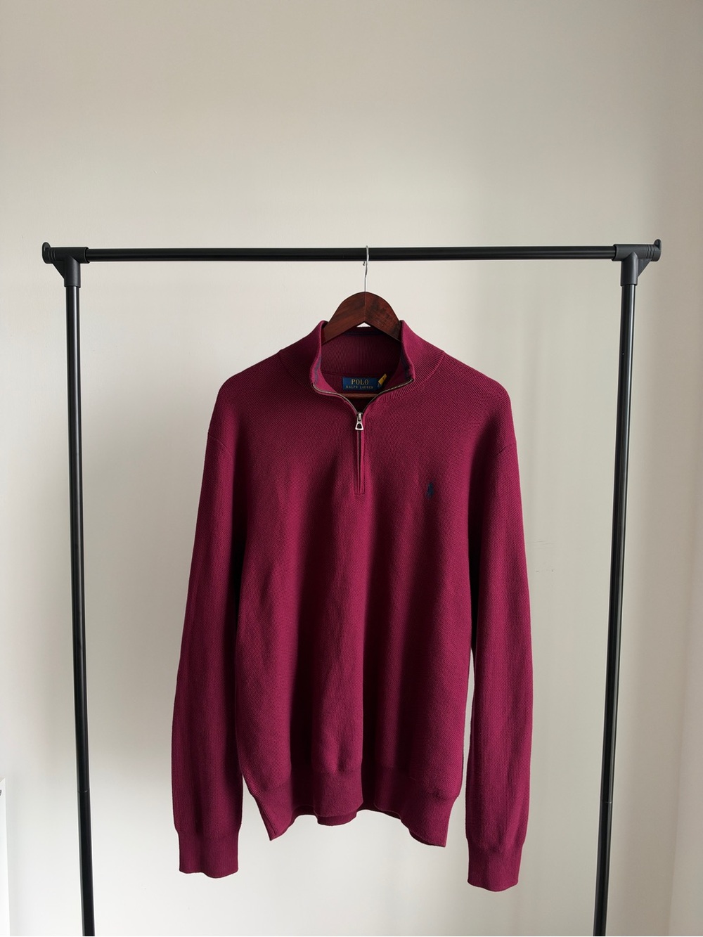 Polo Ralph Lauren Burgundy Mesh-Knit Cotton Quarter-Zip Jumper